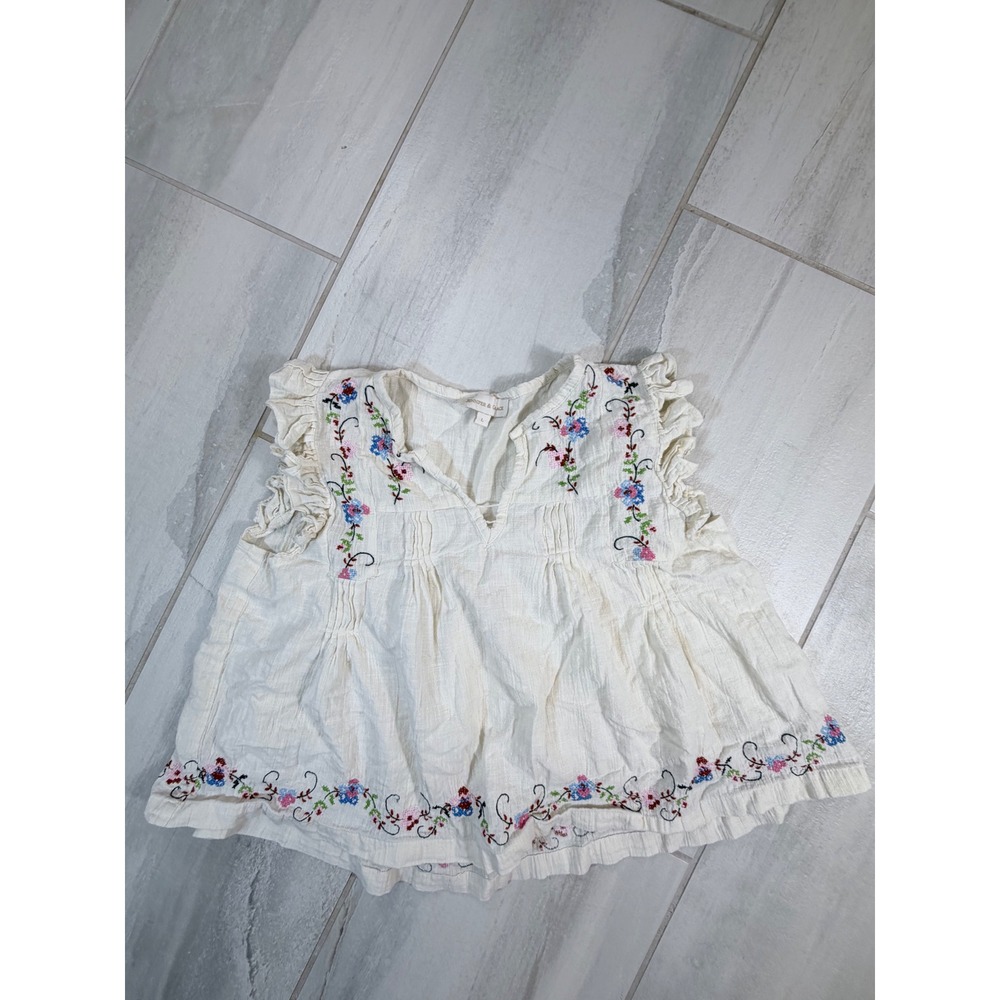 Jennifer & Grace Ivory Floral Embroidered Cotton Gauze Ruffle Babydoll Top L